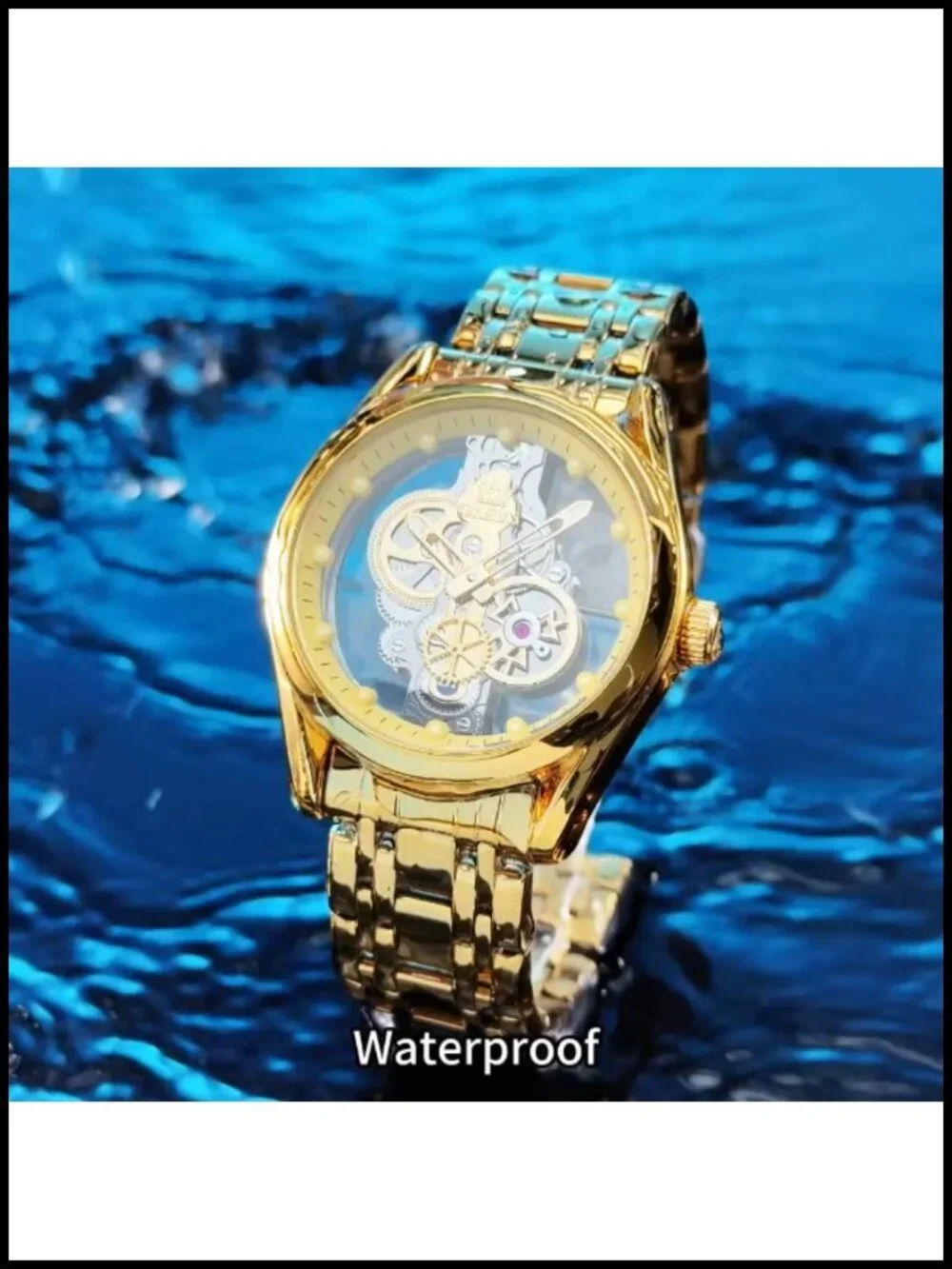 Men's Skeleton Quartz Analog Watch Stainless Steel Waterproof Luminous
